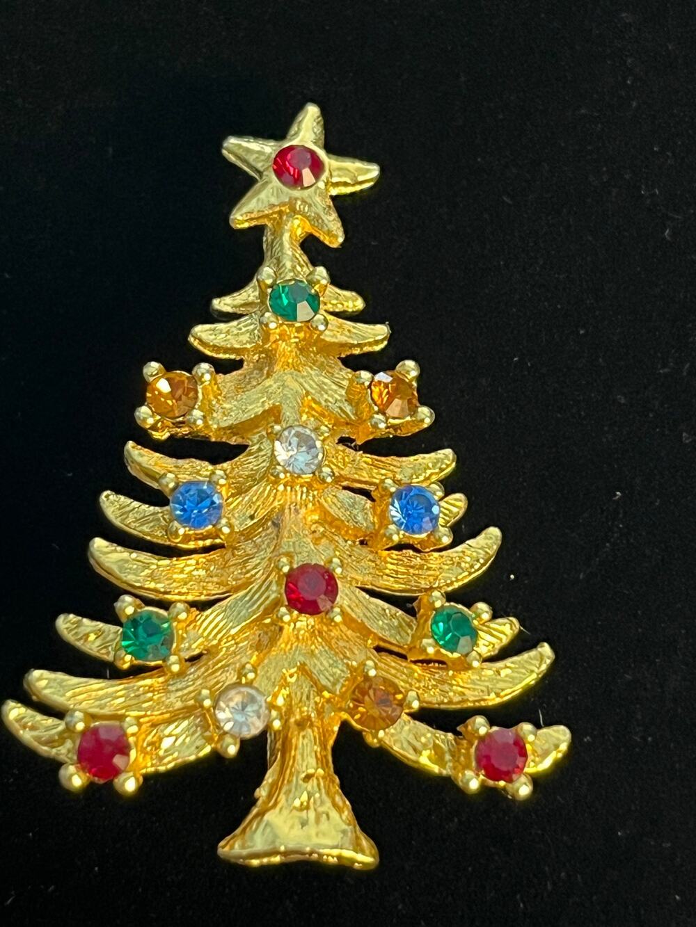 VTG Eisenberg Ice Christmas Tree Brooch Gold Tone Rhinestones Holidays